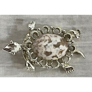 Vintage Gerrys Turtle Art Glass Cabochon Brooch Pin Marble Brown Gold 2.25"